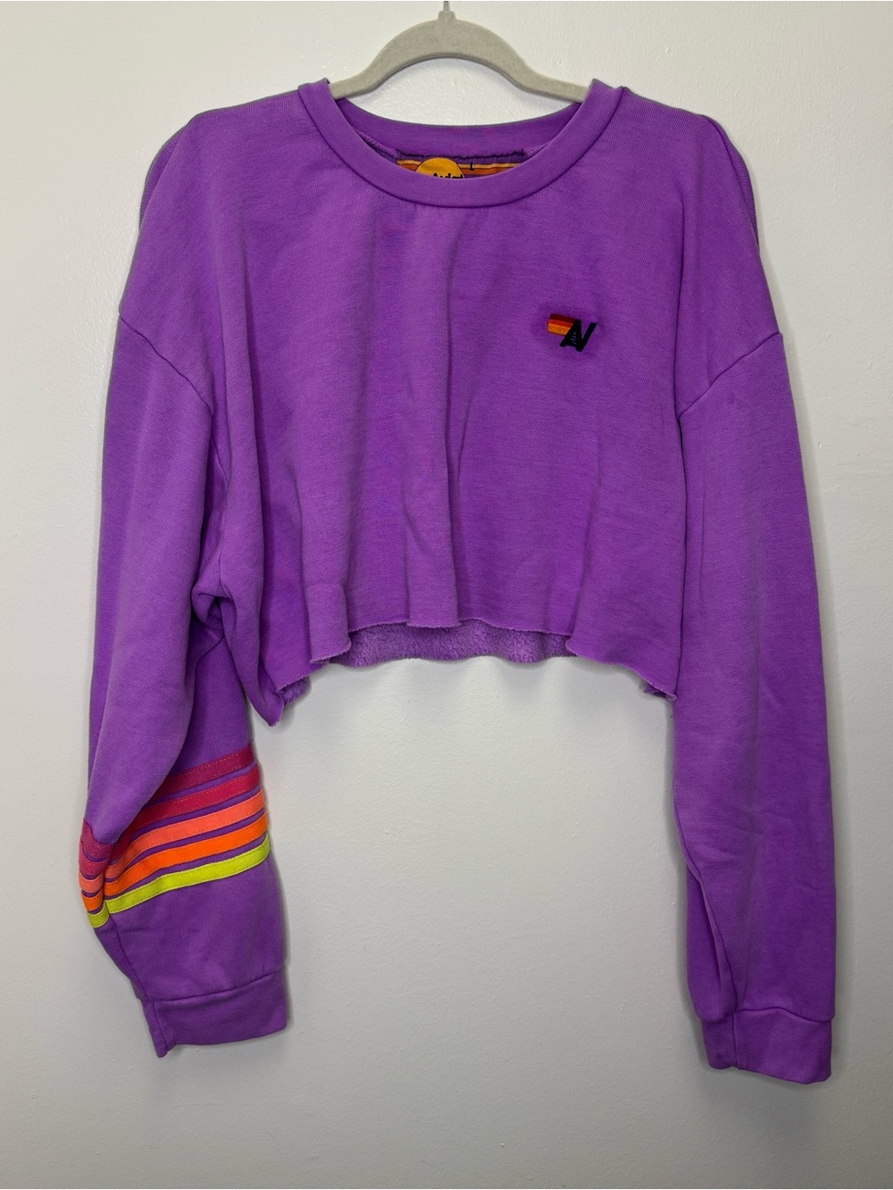 Aviator Nation Rugby Stitch Cropped Crewneck Sweatshirt Neon Purple Large - Picture 4 of 12